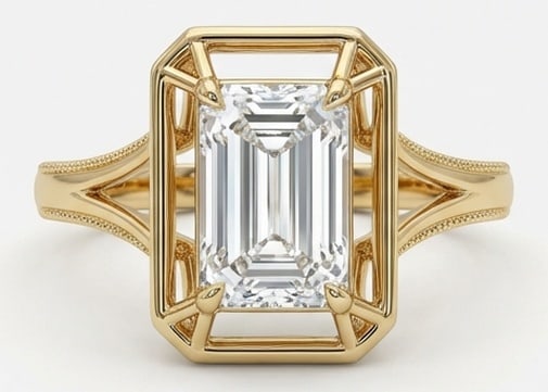 Modern 5.00 CT Emerald Cut Lab Grown Diamond Geometric Cage Ring in 14K Yellow Gold: Description This unique architectural design features a 5.00 Carat Emerald Cut Lab Grown Diamond held within a modern geometric cage mounting The 14K Yellow Gold band features distinct structural line