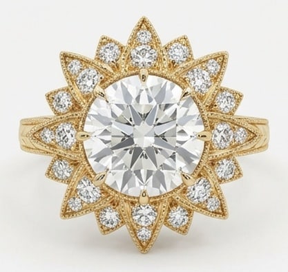 Magnificent 5.00 CT Round Brilliant Lab Grown Diamond Sunburst Halo Ring in 14K Yellow Gold: Description Inspired by celestial beauty this ring features a 5.00 Carat Round Brilliant Cut Lab Grown Diamond set within a dramatic sunburst halo The 14K Yellow Gold mounting is designed with radiati