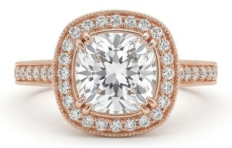 Radiant 4.00 CT Cushion Cut Lab Grown Diamond Halo Ring in 14K Rose Gold: Description This timeless ring features a 4.00 Carat Cushion Cut Lab Grown Diamond surrounded by a shimmering halo of brilliant white accent diamonds The mounting is crafted in warm 14K Rose Gold with