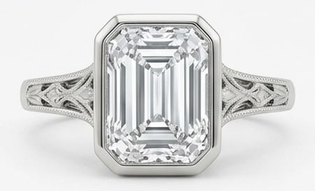 Stunning 8.00 CT Emerald Cut Lab Grown Diamond Vintage Scroll Ring in 14K White Gold: Description A magnificent 8.00 Carat Emerald Cut Lab Grown Diamond is showcased in this highly detailed vintage inspired design The center stone is held in a secure bezel mounting within a 14K White G