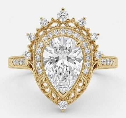 Exquisite 6.00 CT Pear Cut Lab Grown Diamond Victorian Tiara Ring in 14K Yellow Gold: Description This artistic and regal design features a 6.00 Carat Pear Cut Lab Grown Diamond encased in a unique tiara inspired halo The 14K Yellow Gold setting is decorated with shimmering accent diam