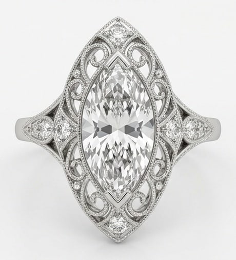 Stunning 6.00 CT Marquise Cut Lab Grown Diamond Ornate Solitaire Ring in 14K White Gold: Description This elegant solitaire ring features a large 6.00 Carat Marquise Cut Lab Grown Diamond that beautifully elongates the finger The center stone is held by a sophisticated mounting within an
