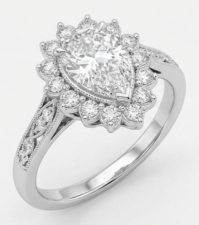 4.00 CT Lab grown diamond Lab-Grown Ring in White Gold: An exceptional 4.00 carat lab-grown lab grown diamond ring, expertly crafted in luxurious White Gold. The pear cut stone surrounded by a floral-inspired halo of round diamonds design highlights the br