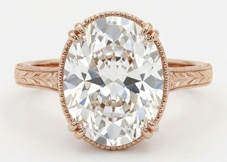 8.00 CT Lab grown diamond Lab-Grown Ring in Rose Gold: An exceptional 8.00 carat lab-grown lab grown diamond ring, expertly crafted in luxurious Rose Gold. The oval cut solitaire with a vintage hand-engraved leaf/wheat pattern design highlights the brilli