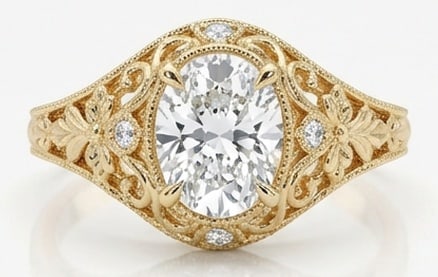 4.00 CT Lab grown diamond Lab-Grown Ring in Yellow Gold: An exceptional 4.00 carat lab-grown lab grown diamond ring, expertly crafted in luxurious Yellow Gold. The oval cut stone set in a wide intricate vintage filigree band with accents design highlights t
