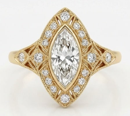 3.00 CT Lab grown diamond Lab-Grown Ring in Yellow Gold: An exceptional 3.00 carat lab-grown lab grown diamond ring, expertly crafted in luxurious Yellow Gold. The marquise cut stone in a geometric art deco bezel setting with milgrain design highlights the