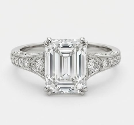 6.00 CT Lab grown diamond Lab-Grown Ring in White Gold: An exceptional 6.00 carat lab-grown lab grown diamond ring, expertly crafted in luxurious White Gold. The emerald cut center stone with vintage-style engraved shoulders and pave set diamonds design hi
