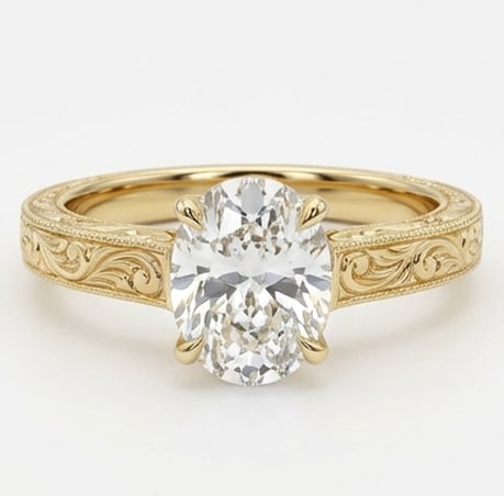 4.00 CT Lab grown diamond Lab-Grown Ring in Yellow Gold: An exceptional 4.00 carat lab-grown lab grown diamond ring, expertly crafted in luxurious Yellow Gold. The oval cut solitaire on a vintage band featuring deep hand-engraved scroll patterns design high