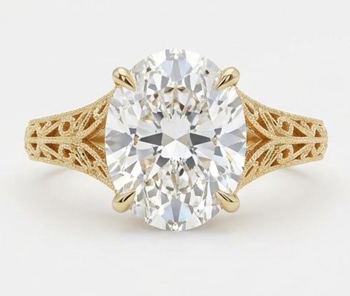 10.00 CT Lab grown diamond Lab-Grown Ring in Yellow Gold: An exceptional 10.00 carat lab-grown lab grown diamond ring, expertly crafted in luxurious Yellow Gold. The oval cut stone set in an ornate vintage-style split shank with filigree lattice work design