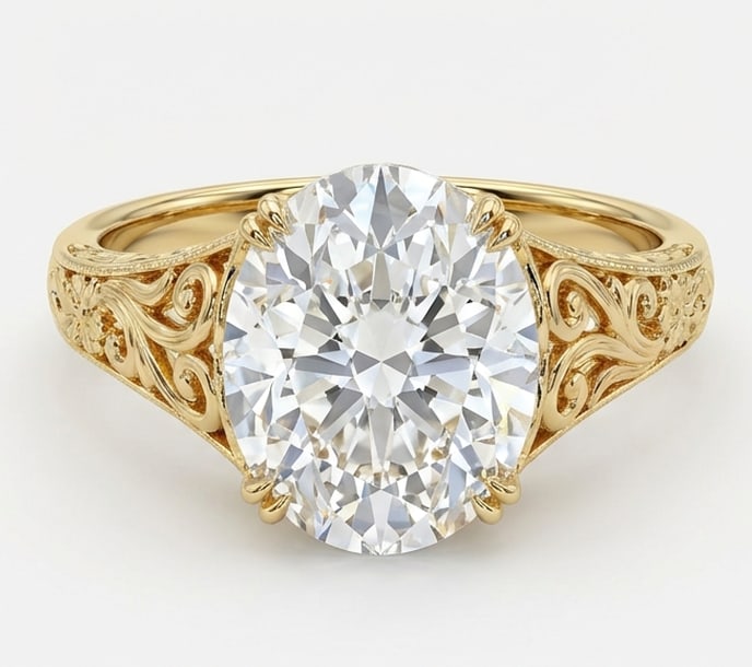10.00 CT Lab grown diamond Lab-Grown Ring in Yellow Gold: An exceptional 10.00 carat lab-grown lab grown diamond ring, expertly crafted in luxurious Yellow Gold. The oval cut solitaire with intricate floral and scroll hand-engraving on the shoulders design h