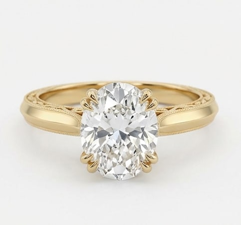 6.00 CT Lab grown diamond Lab-Grown Ring in Yellow Gold: An exceptional 6.00 carat lab-grown lab grown diamond ring, expertly crafted in luxurious Yellow Gold. The oval cut solitaire on a vintage knife-edge band with milgrain and engraved details design hig