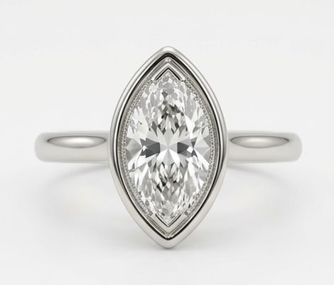 3.00 CT Lab grown diamond Lab-Grown Ring in White Gold: An exceptional 3.00 carat lab-grown lab grown diamond ring, expertly crafted in luxurious White Gold. The marquise cut solitaire in a modern bezel setting with milgrain edge detailing design highlight