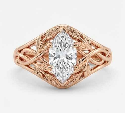 2.00 CT Lab grown diamond Lab-Grown Ring in Rose Gold: An exceptional 2.00 carat lab-grown lab grown diamond ring, expertly crafted in luxurious Rose Gold. The marquise cut stone set in a nature-inspired woven vine/leaf bezel setting design highlights the