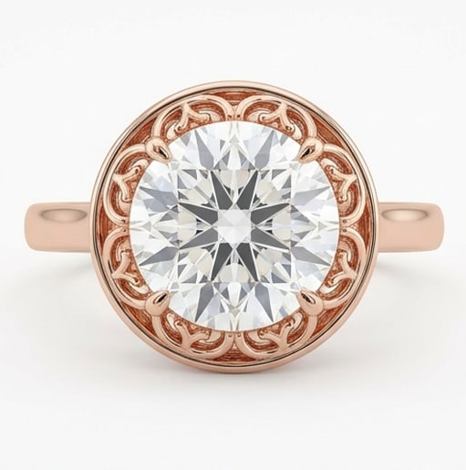 4.00 CT Lab grown diamond Lab-Grown Ring in Rose Gold: An exceptional 4.00 carat lab-grown lab grown diamond ring, expertly crafted in luxurious Rose Gold. The round brilliant cut stone in a vintage-style bezel setting with intricate scrollwork design hig