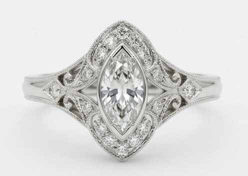 2.00 CT Lab grown diamond Lab-Grown Ring in White Gold: An exceptional 2.00 carat lab-grown lab grown diamond ring, expertly crafted in luxurious White Gold. The marquise cut stone in a vintage bezel setting with milgrain and diamond accents design highlig