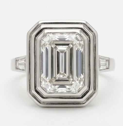 10.00 CT Lab grown diamond Lab-Grown Ring in White Gold: An exceptional 10.00 carat lab-grown lab grown diamond ring, expertly crafted in luxurious White Gold. The emerald cut center stone in a bezel setting flanked by baguette side stones design highlights