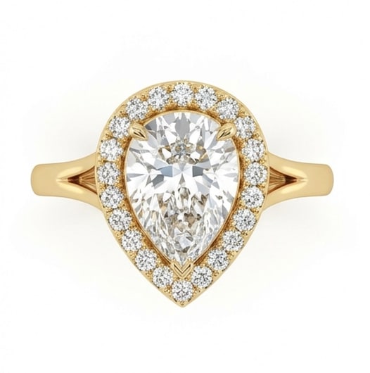 3.00 CT Lab grown diamond Lab-Grown Ring in Yellow Gold: An exceptional 3.00 carat lab-grown lab grown diamond ring, expertly crafted in luxurious Yellow Gold. The pear cut stone surrounded by a classic diamond halo on a split shank band design highlights t