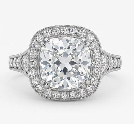 4.00 CT Lab grown diamond Lab-Grown Ring in White Gold: An exceptional 4.00 carat lab-grown lab grown diamond ring, expertly crafted in luxurious White Gold. The cushion cut stone surrounded by a halo with split shank shoulders and milgrain design highligh