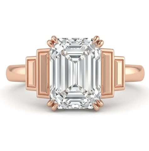 5.00 CT Lab grown diamond Lab-Grown Ring in Rose Gold: An exceptional 5.00 carat lab-grown lab grown diamond ring, expertly crafted in luxurious Rose Gold. The emerald cut solitaire in an art deco style step-down geometric bezel setting design highlights