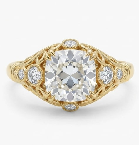 4.00 CT Lab grown diamond Lab-Grown Ring in Yellow Gold: An exceptional 4.00 carat lab-grown lab grown diamond ring, expertly crafted in luxurious Yellow Gold. The cushion cut stone in a vintage setting with elaborate scrollwork and bezel-set side diamonds