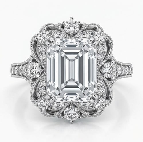 10.00 CT Lab grown diamond Lab-Grown Ring in White Gold: An exceptional 10.00 carat lab-grown lab grown diamond ring, expertly crafted in luxurious White Gold. The emerald cut stone set in a complex vintage-inspired floral halo with scrollwork design highli