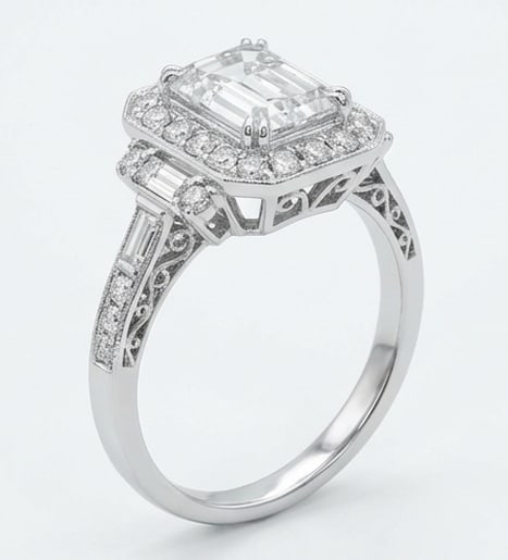 4.00 CT Lab grown diamond Lab-Grown Ring in White Gold: An exceptional 4.00 carat lab-grown lab grown diamond ring, expertly crafted in luxurious White Gold. The emerald cut center stone in a halo setting flanked by baguette side stones design highlights t