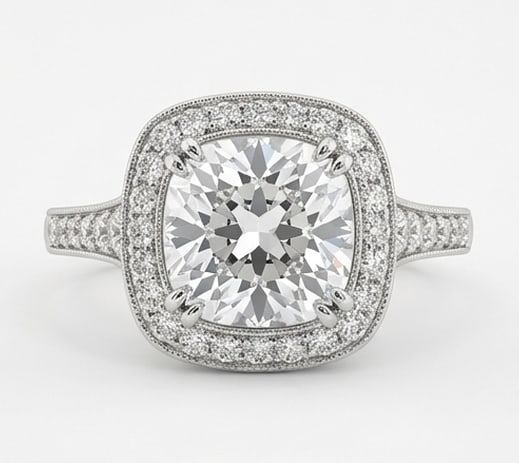 4.00 CT Lab grown diamond Lab-Grown Ring in White Gold: An exceptional 4.00 carat lab-grown lab grown diamond ring, expertly crafted in luxurious White Gold. The cushion cut stone surrounded by a pave diamond halo with a split shank band design highlights