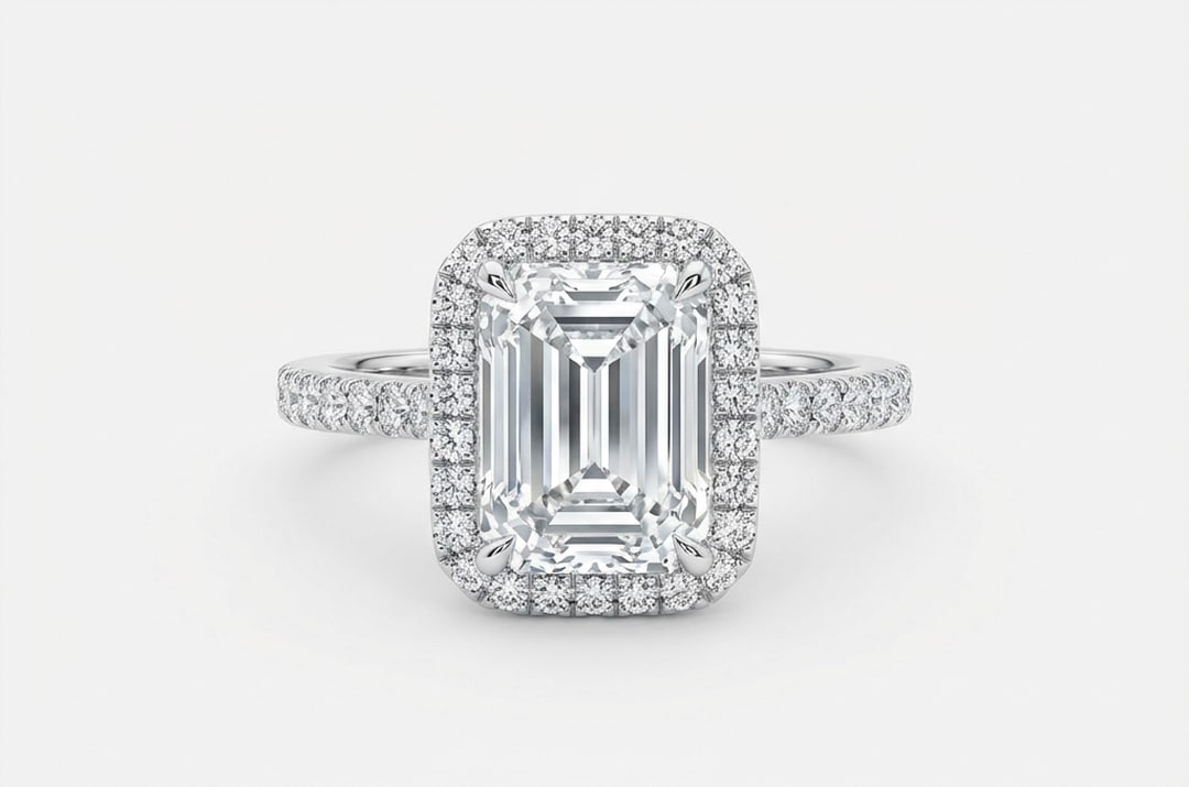3.00 CT Lab grown diamond Lab-Grown Ring in White Gold: An exceptional 3.00 carat lab-grown lab grown diamond ring, expertly crafted in luxurious White Gold. The emerald cut stone surrounded by a rectangular halo of round diamonds on a pave band design hig