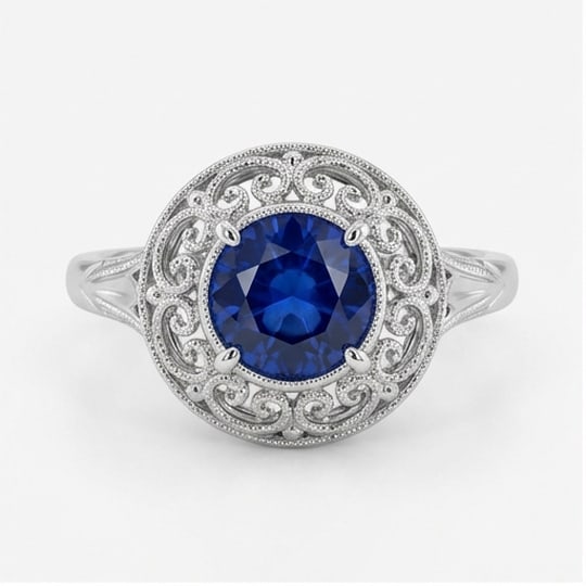5.00 CT Sapphire Lab-Grown Ring in White Gold: An exceptional 5.00 carat lab-grown sapphire ring, expertly crafted in luxurious White Gold. The round cut blue sapphire set in an intricate vintage filigree halo/bezel setting design highlights the b