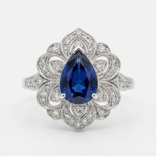 5.00 CT Sapphire Lab-Grown Ring in White Gold: An exceptional 5.00 carat lab-grown sapphire ring, expertly crafted in luxurious White Gold. The pear cut blue sapphire surrounded by an elaborate vintage floral diamond halo design highlights the bri