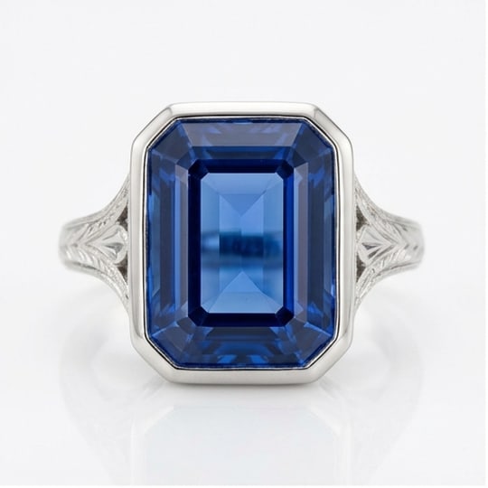10.00 CT Sapphire Lab-Grown Ring in White Gold: An exceptional 10.00 carat lab-grown sapphire ring, expertly crafted in luxurious White Gold. The emerald cut blue sapphire solitaire with vintage hand-engraved wheat pattern design highlights the bri