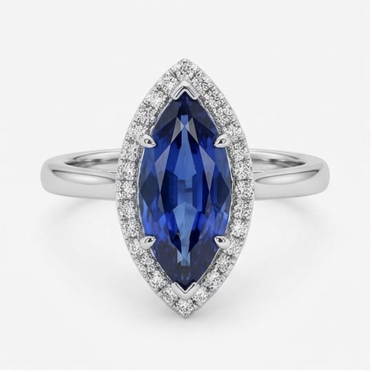 5.00 CT Sapphire Lab-Grown Ring in White Gold: An exceptional 5.00 carat lab-grown sapphire ring, expertly crafted in luxurious White Gold. The marquise cut blue sapphire surrounded by a halo of round diamonds on a plain band design highlights the