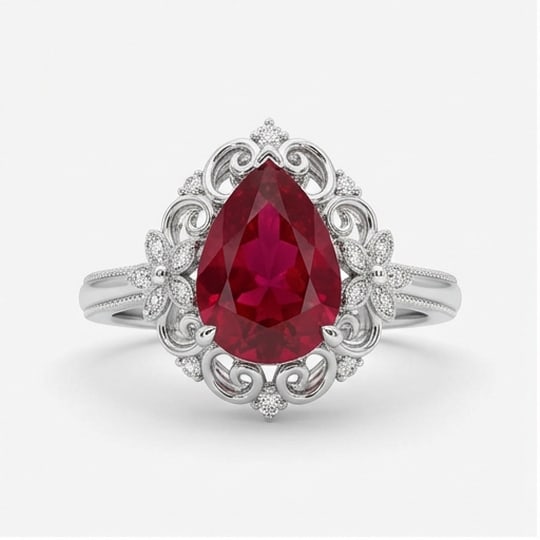 5.00 CT Ruby Lab-Grown Ring in White Gold: An exceptional 5.00 carat lab-grown ruby ring, expertly crafted in luxurious White Gold. The pear cut ruby surrounded by an elaborate vintage-style floral halo with scrollwork design highlights the br