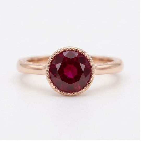 5.00 CT Ruby Lab-Grown Ring in Rose Gold: An exceptional 5.00 carat lab-grown ruby ring, expertly crafted in luxurious Rose Gold. The round cut ruby in a bezel setting with fine milgrain detail on a plain band design highlights the