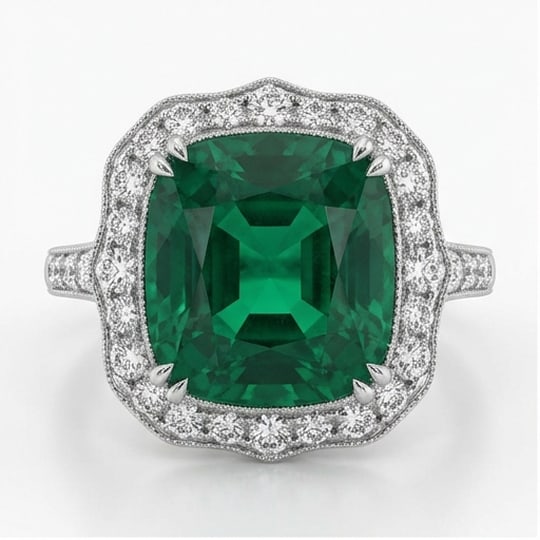 10.00 CT Emerald Lab-Grown Ring in White Gold: An exceptional 10.00 carat lab-grown emerald ring, expertly crafted in luxurious White Gold. The cushion cut green emerald in a vintage halo setting with milgrain design highlights the brilliance of