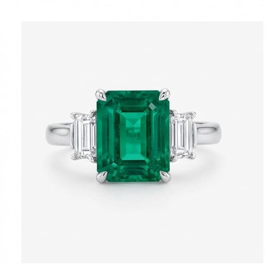 10.00 CT Emerald Lab-Grown Ring in White Gold: An exceptional 10.00 carat lab-grown emerald ring, expertly crafted in luxurious White Gold. The emerald cut green emerald flanked by baguette side stones (3-stone style) design highlights the