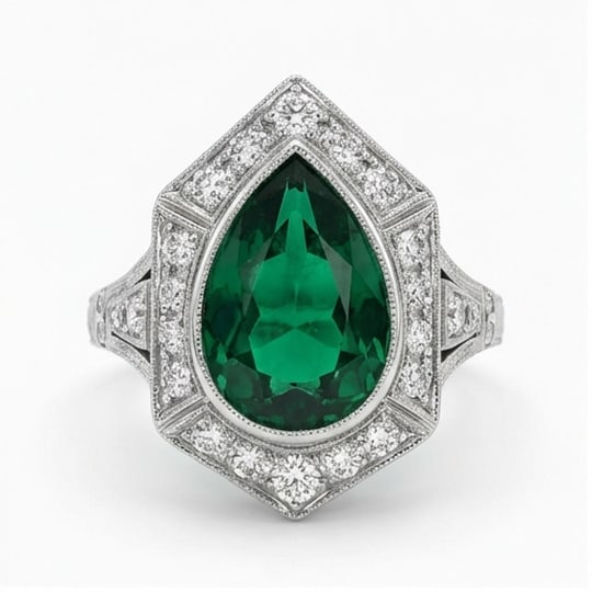 10.00 CT Emerald Lab-Grown Ring in White Gold: An exceptional 10.00 carat lab-grown emerald ring, expertly crafted in luxurious White Gold. The pear cut green emerald surrounded by a diamond halo with vintage-style shoulders design highlights the
