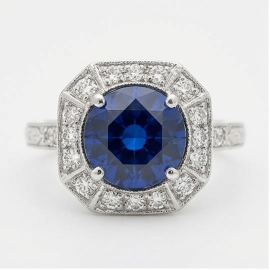 5.00 CT Sapphire Lab-Grown Ring in White Gold: An exceptional 5.00 carat lab-grown sapphire ring, expertly crafted in luxurious White Gold. The round cut with octagonal halo and milgrain detailing design highlights the brilliance of the lab-grown