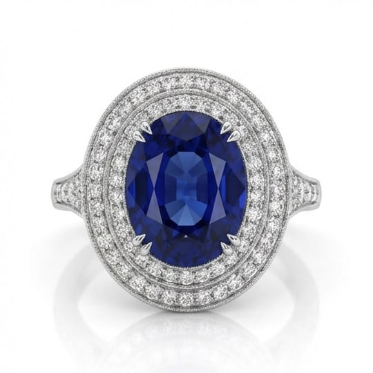 10.00 CT Sapphire Lab-Grown Ring in White Gold: An exceptional 10.00 carat lab-grown sapphire ring, expertly crafted in luxurious White Gold. The oval cut with double halo and split shank design highlights the brilliance of the lab-grown center sto