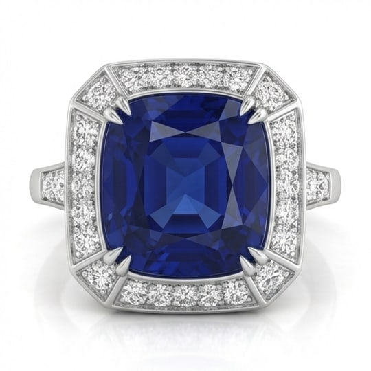 15.00 CT Sapphire Lab-Grown Ring in White Gold: An exceptional 15.00 carat lab-grown sapphire ring, expertly crafted in luxurious White Gold. The cushion cut with geometric halo design highlights the brilliance of the lab-grown center stone, accent