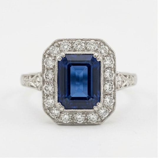 5.00 CT Sapphire Lab-Grown Ring in White Gold: An exceptional 5.00 carat lab-grown sapphire ring, expertly crafted in luxurious White Gold. The emerald cut with vintage scalloped halo design highlights the brilliance of the lab-grown center stone,