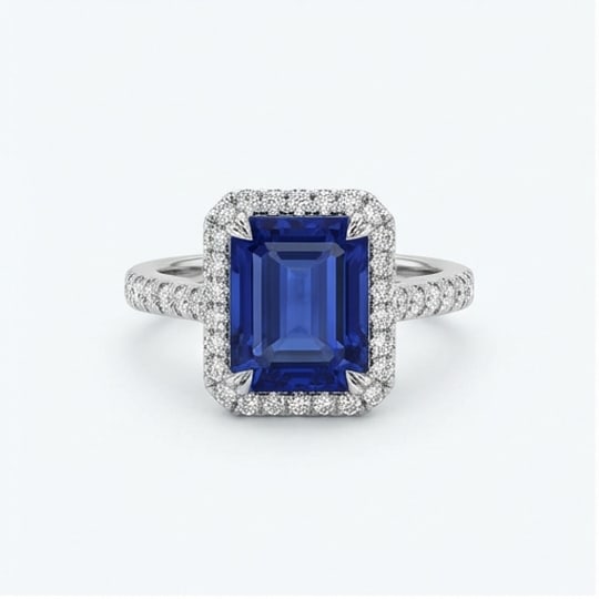 15.00 CT Sapphire Lab-Grown Ring in White Gold: An exceptional 15.00 carat lab-grown sapphire ring, expertly crafted in luxurious White Gold. The emerald cut with classic halo design highlights the brilliance of the lab-grown center stone, accented
