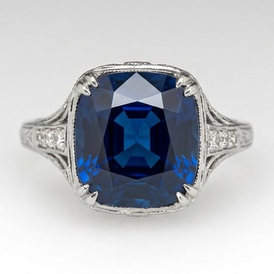 10.00 CT Sapphire Lab-Grown Ring in White Gold: An exceptional 10.00 carat lab-grown sapphire ring, expertly crafted in luxurious White Gold. The cushion cut with vintage filigree shoulders design highlights the brilliance of the lab-grown center s