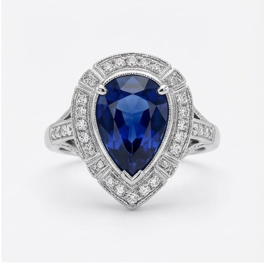 5.00 CT Sapphire Lab-Grown Ring in White Gold: An exceptional 5.00 carat lab-grown sapphire ring, expertly crafted in luxurious White Gold. The pear shape with double vintage halo design highlights the brilliance of the lab-grown center stone, acc