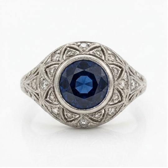 5.00 CT Sapphire Lab-Grown Ring in White Gold: An exceptional 5.00 carat lab-grown sapphire ring, expertly crafted in luxurious White Gold. The round cut in vintage art deco bezel setting design highlights the brilliance of the lab-grown center st