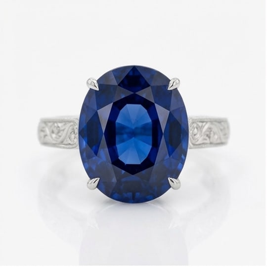 10.00 CT Sapphire Lab-Grown Ring in White Gold: An exceptional 10.00 carat lab-grown sapphire ring, expertly crafted in luxurious White Gold. The oval cut solitaire with vintage engraved band design highlights the brilliance of the lab-grown center
