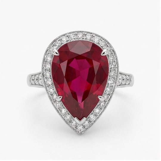 10.00 CT Ruby Lab-Grown Ring in White Gold: An exceptional 10.00 carat lab-grown ruby ring, expertly crafted in luxurious White Gold. The pear shape with halo design highlights the brilliance of the lab-grown center stone, accented with lab-gro