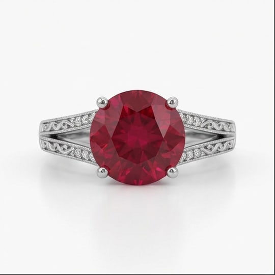 5.00 CT Ruby Lab-Grown Ring in White Gold: An exceptional 5.00 carat lab-grown ruby ring, expertly crafted in luxurious White Gold. The round cut with split shank and vintage detailing design highlights the brilliance of the lab-grown center