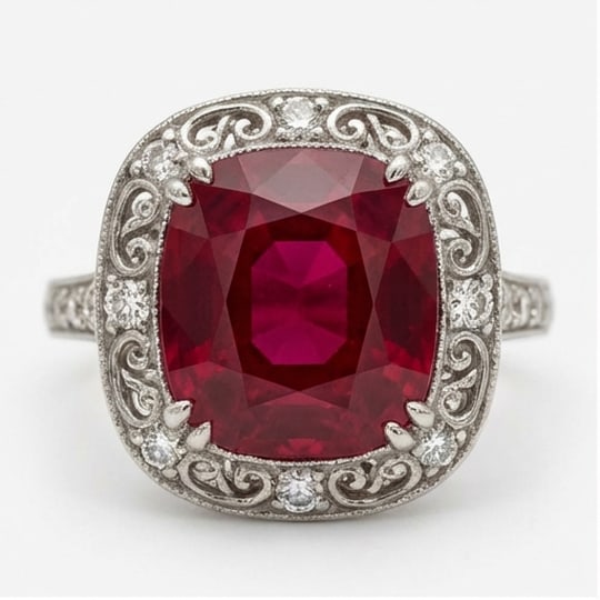 10.00 CT Ruby Lab-Grown Ring in White Gold: An exceptional 10.00 carat lab-grown ruby ring, expertly crafted in luxurious White Gold. The cushion cut with intricate vintage scroll halo design highlights the brilliance of the lab-grown center