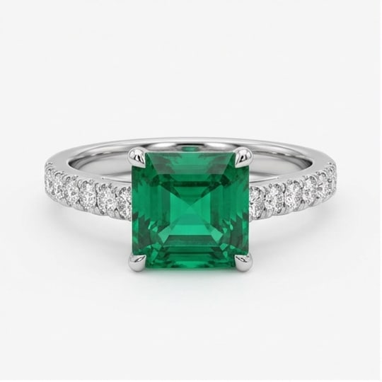 5.00 CT Emerald Lab-Grown Ring in White Gold: An exceptional 5.00 carat lab-grown emerald ring, expertly crafted in luxurious White Gold. The square emerald cut with pavé band design highlights the brilliance of the lab-grown center stone,